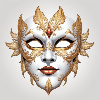 A white and gold masquerade mask with intricate designs