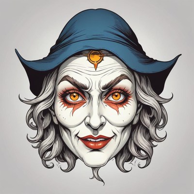 Woman with gray hair, red lips, orange eyes in blue hat