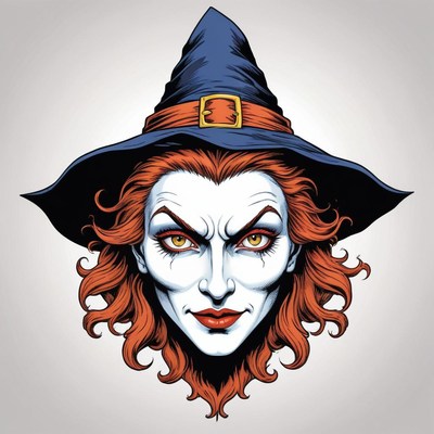 A witch with red hair and a pointed hat