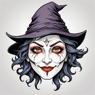 A witch with orange eyes and a pointed hat