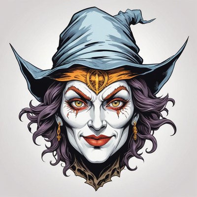 A witch with a pointy hat and an evil smile