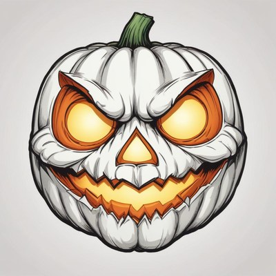 A scary white pumpkin with glowing eyes and a wide grin