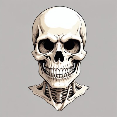 A detailed drawing of a human skull with a grey background
