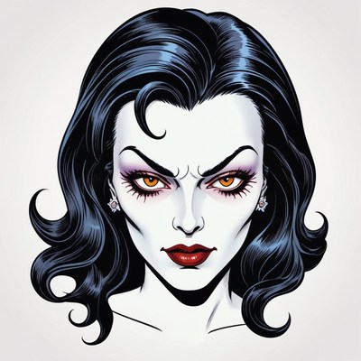 A woman with dark hair and red lips stares intensely