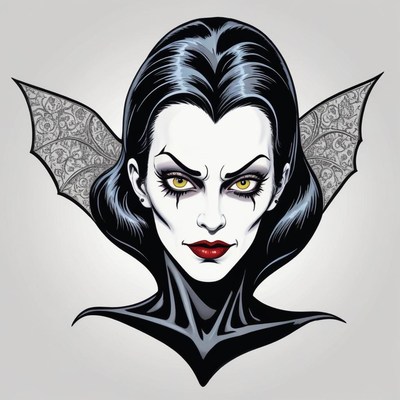 A black and white illustration of a vampire woman