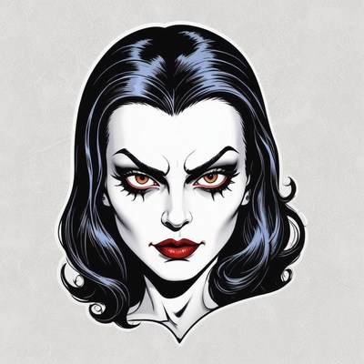 A woman with dark hair and red eyes stares intensely