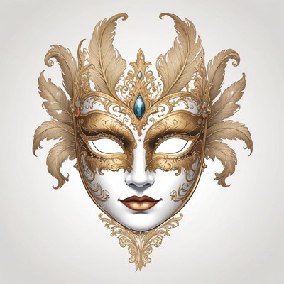 A golden masquerade mask with feather accents