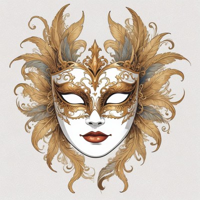 A gold and white venetian mask with feathers