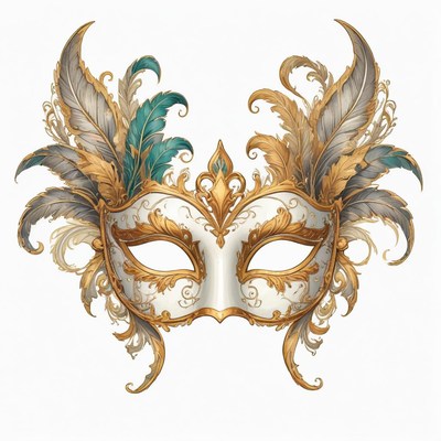 A white and gold masquerade mask with feathers