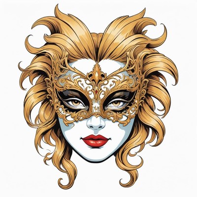 A woman wearing a gold mask with intricate designs