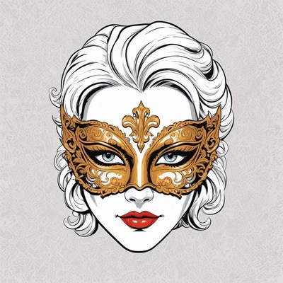 A woman with blonde hair wears a gold masquerade mask