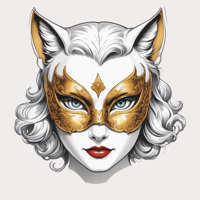 A woman wearing a gold mask looks directly at the viewer