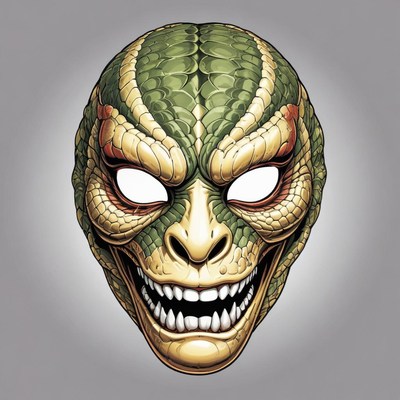 A green and yellow snake mask with sharp teeth