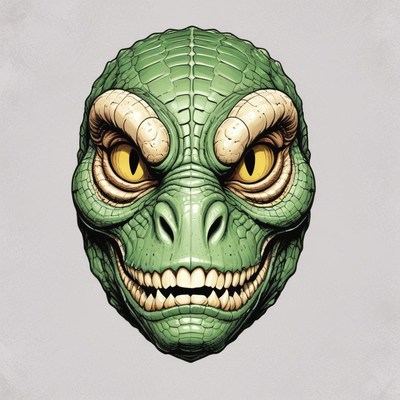 A green dinosaur head with sharp teeth