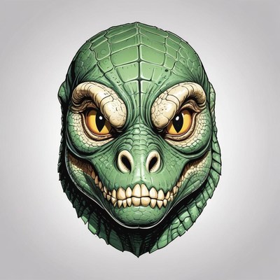 A green reptile head with yellow eyes