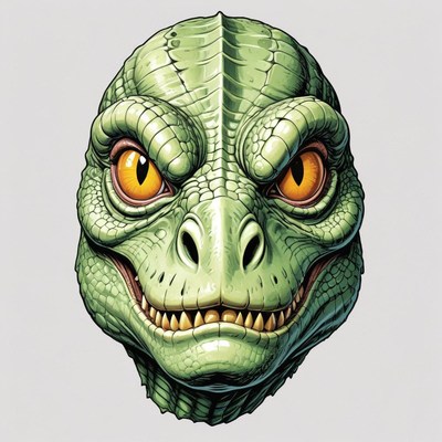 A green dinosaur head with yellow eyes