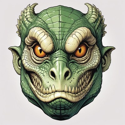 A green, reptilian creature with sharp teeth grins