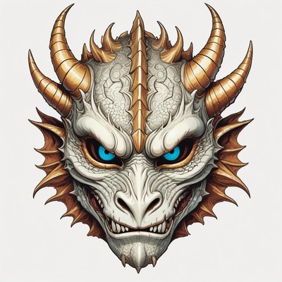 A white dragon with golden horns stares intensely