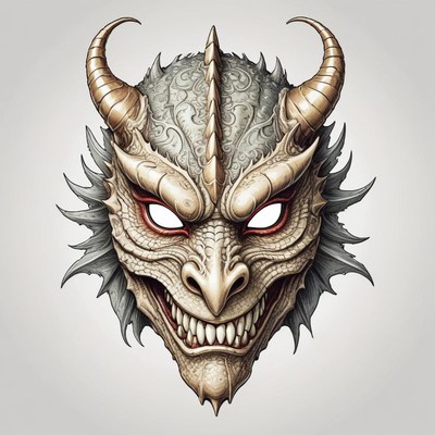 A detailed dragon mask with horns