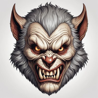 A snarling werewolf face with sharp teeth