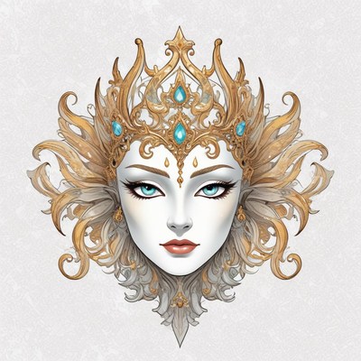 Woman with a gold crown and blue eyes gazes at you