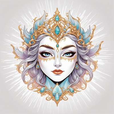 A woman with a crown and jewels looks directly at the viewer