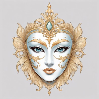 A detailed illustration of a ornate mask with a crown