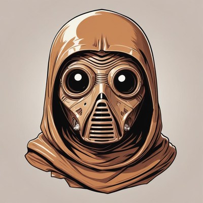 A futuristic character with a gas mask and hood