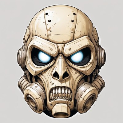 A robotic skull with glowing eyes