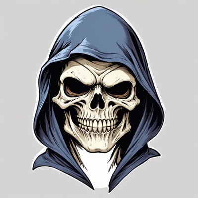 A skull in a blue hooded cloak