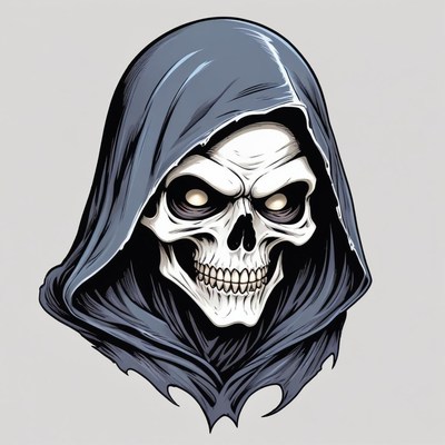A skull wearing a hooded robe stares intently