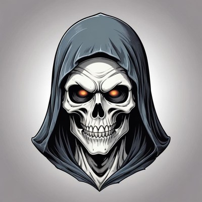A skull with orange eyes peers out from under a grey hood