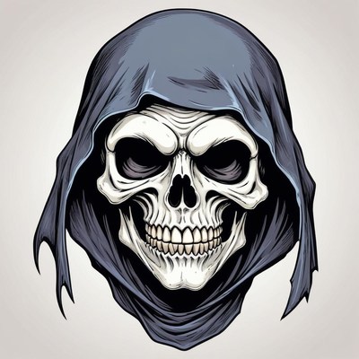 A detailed illustration of a skull wearing a hooded robe