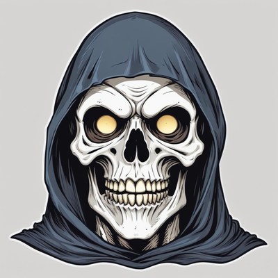 A skull in a hood with glowing eyes
