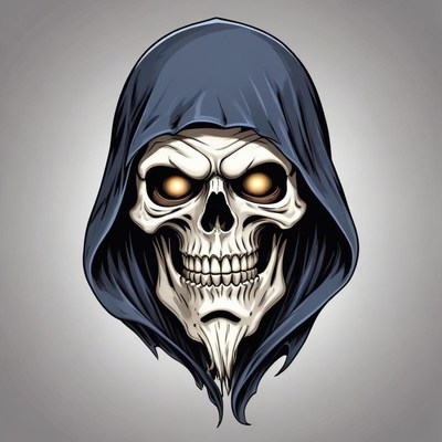A skull wearing a blue hood