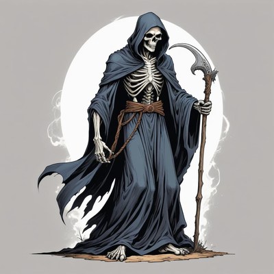 The grim reaper stands with a sickle in a foggy field