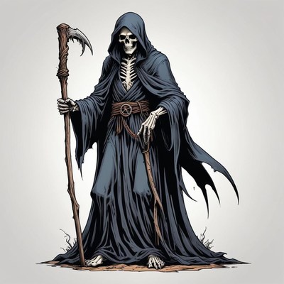 The grim reaper stands tall, holding a scythe