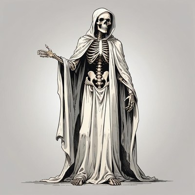 A skeletal figure stands in a long robe