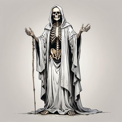 A skeletal figure stands with a staff in a long robe