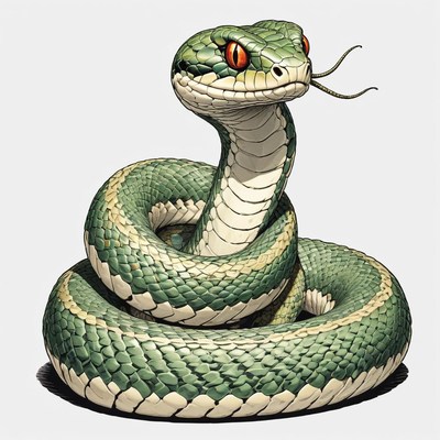 A green snake with red eyes is coiled in a defensive posture