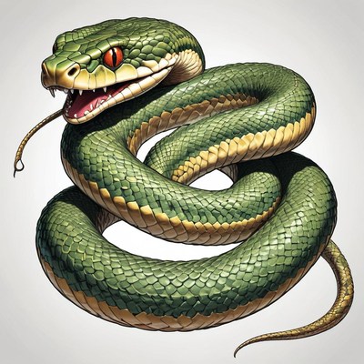 A green snake with red eyes is coiled on a white background