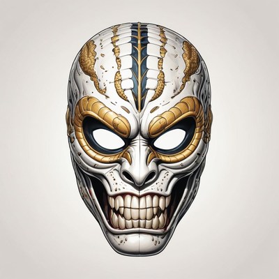 A detailed white and gold mask with sharp teeth