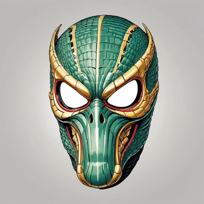 A green and gold mask with a reptilian design