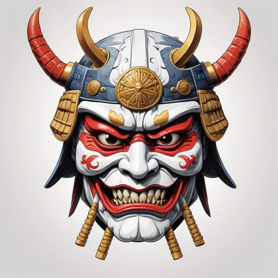 A samurai mask with red horns and a menacing grin