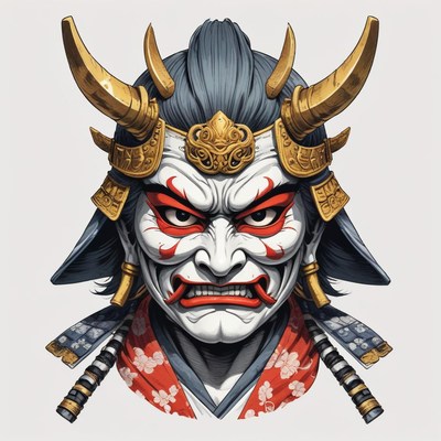 A close-up of a samurai warrior's mask