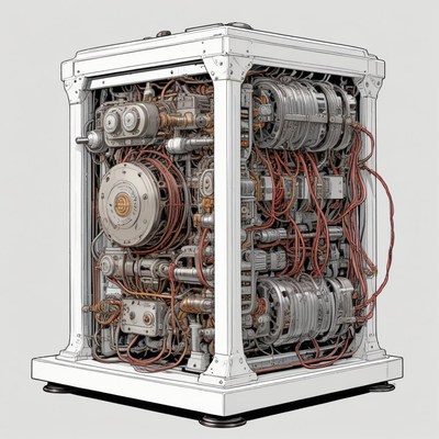 A complex, intricate machine with red wires