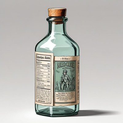 A glass bottle of medicine sits on a white surface