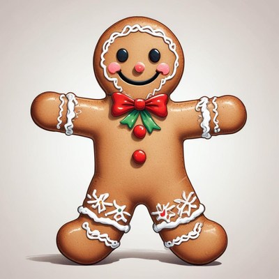 A smiling gingerbread man stands with his arms outstretched