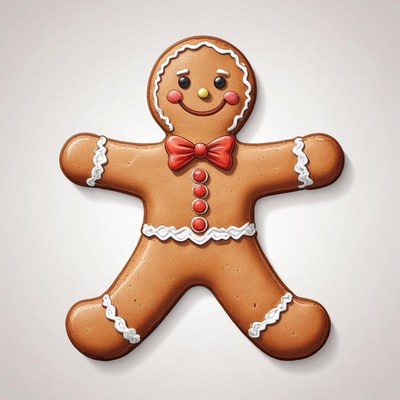 A gingerbread man smiles on a white background