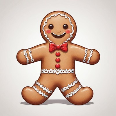 A smiling gingerbread man with a red bow tie
